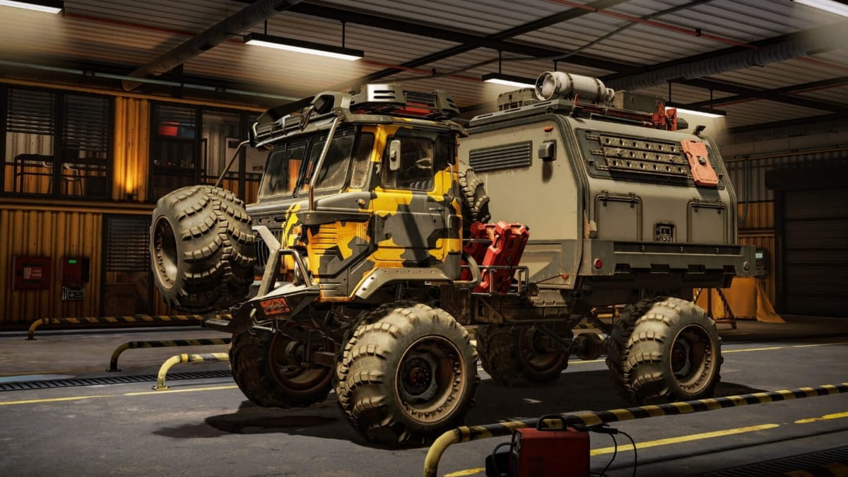 A heavy-duty truck sitting in a garage in Expeditions: A MudRunner Game