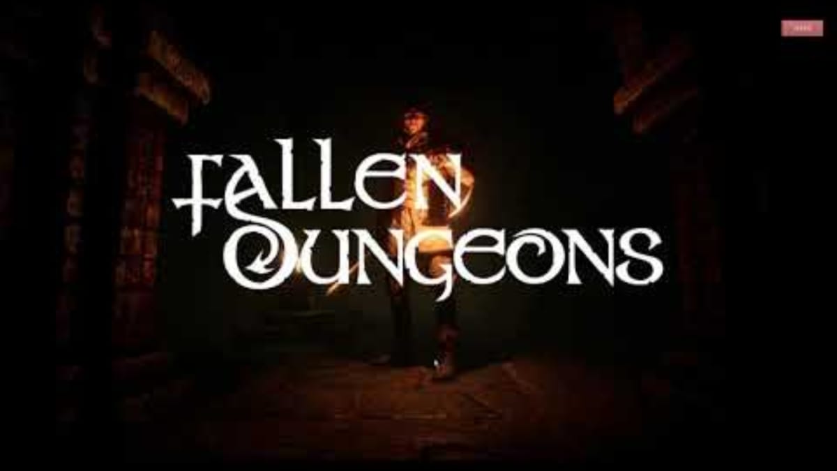 Fallen Dungeons key art showing a man in knights armor standing in a dark corridor illuminated by a burning torch