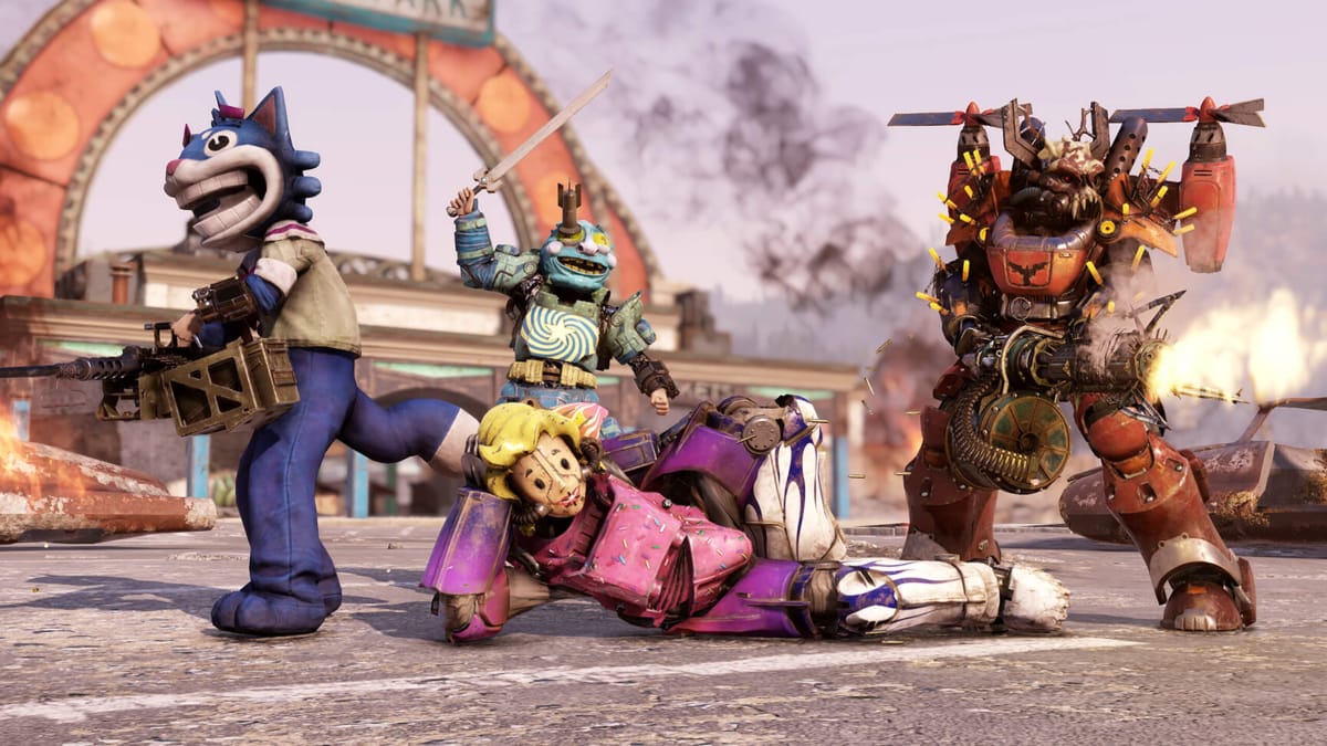 Players acting silly with different poses and in colorful costumes in Fallout 76