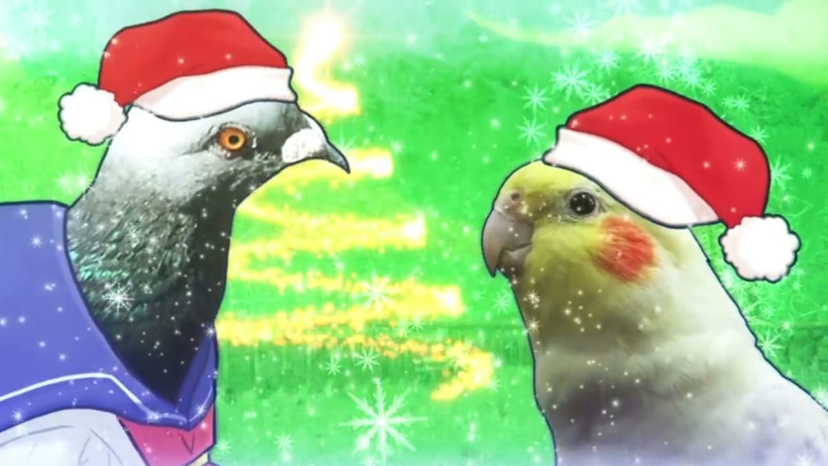 Two photorealistic birds with Santa hats on in Hatoful Boyfriend