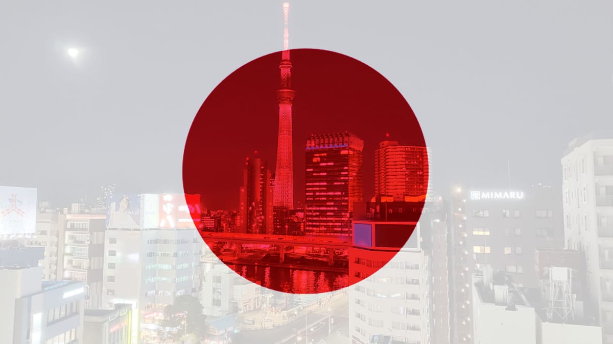 Japanese flag superimposed on a view of Tokyo