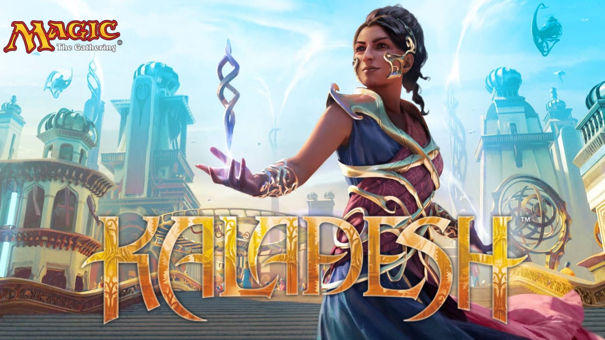 Kaladesh Spoilers key art featuring a character dressed in blue standing in a beautifuil city with a floating crystal in their hand