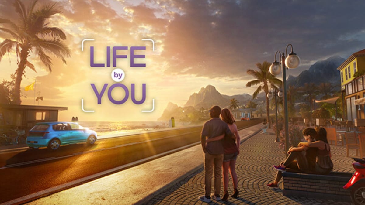 Life by You key art showing some young people standing around a modern street in a sunset 