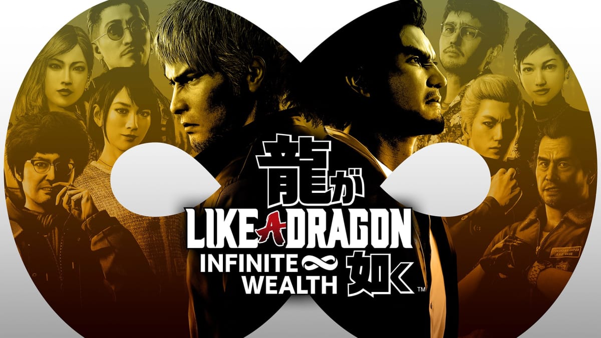 Like a Dragon Infinite Wealth key art showing a figure of eight with various japanese people standing inside the shape with two mean standing back to back in the centre