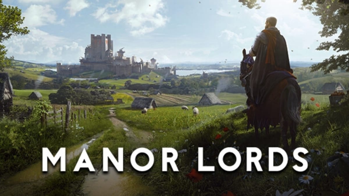 Manor Lords key art showing a huge open field in a medieval european setting with a castle in the background