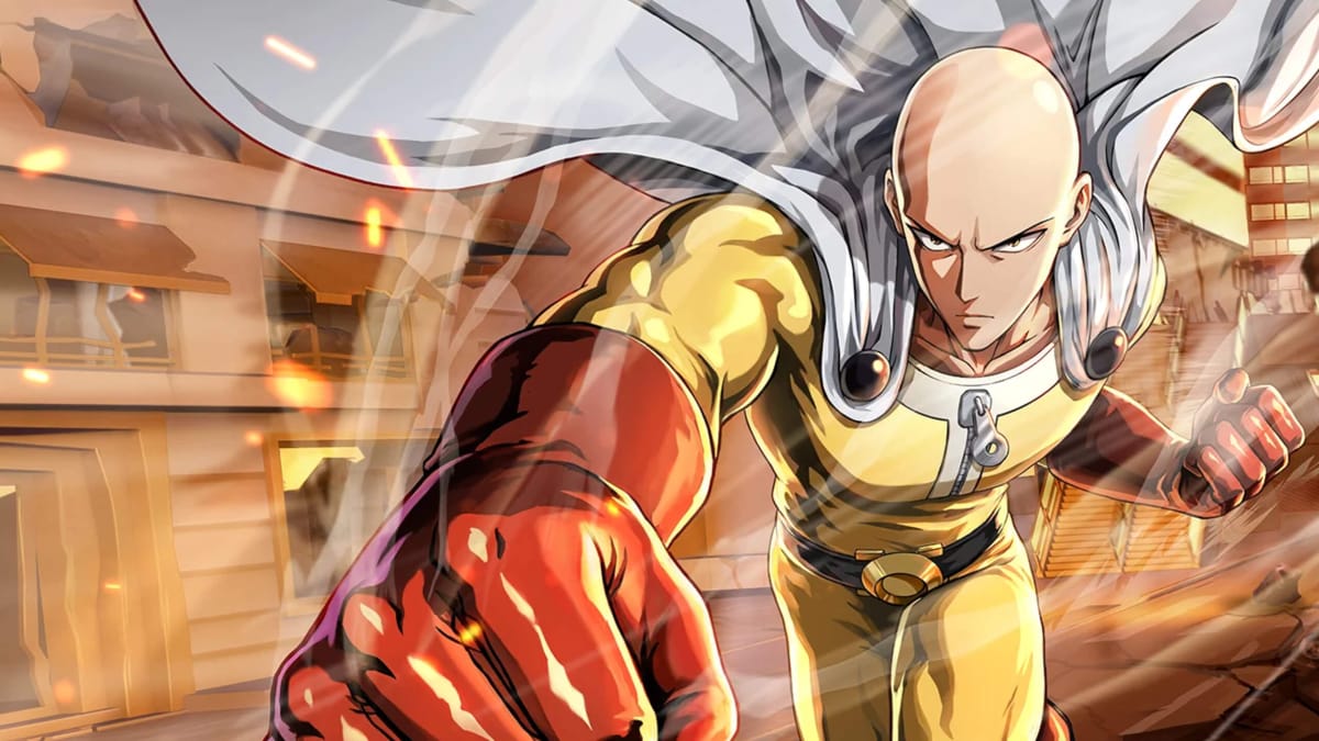 Saitama throwing a punch towards the camera in artwork for One Punch Man: World