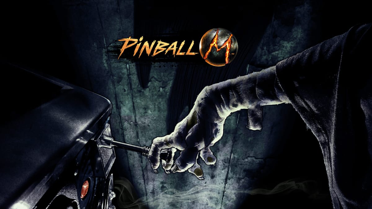 A spread-shot cover of Pinball M, showcasing an emaciated hand in darkness preparing to pull a pinball trigger.