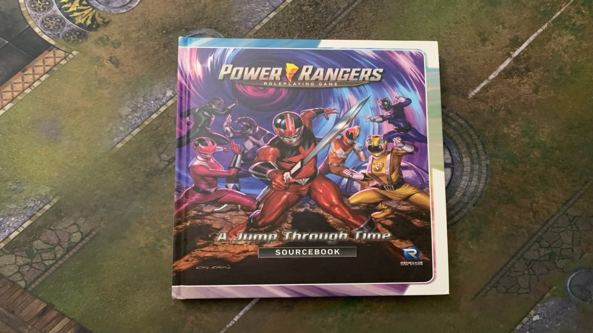 A screenshot of the Power Rangers: A Jump Through Time sourcebook on a gaming table.