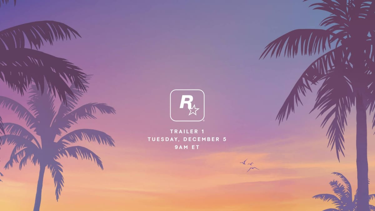 The Rockstar logo above an announcement of the time and date for the first Grand Theft Auto 6 trailer, flanked by palm trees