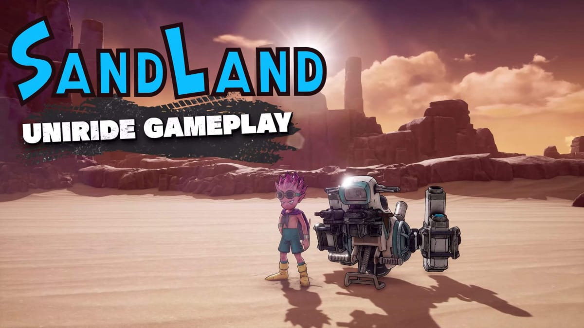 Beelzebub standing next to a Uniride vehicle in Sand Land with the title "Sand Land Uniride Gameplay"