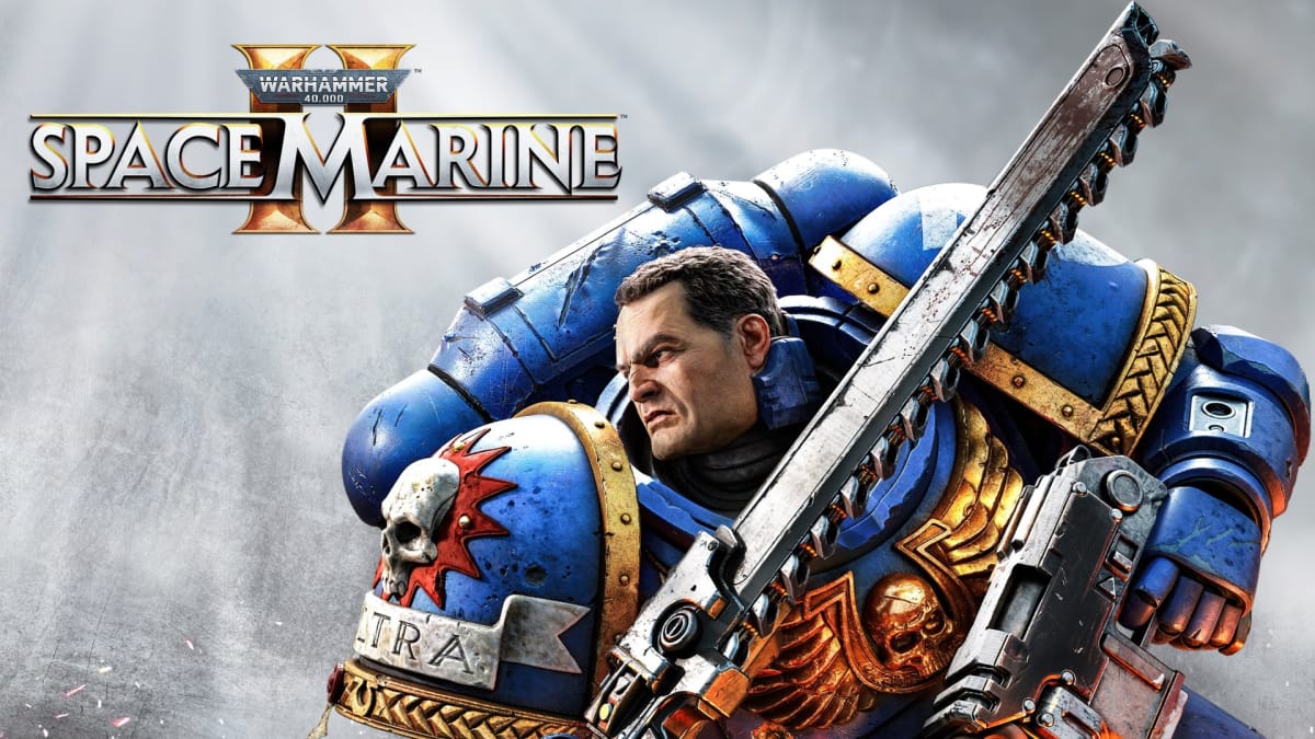 Space Marine 2 Key Art showing a man clad in bulky blue armor carrying a chain sword and a very large blaster weapon 