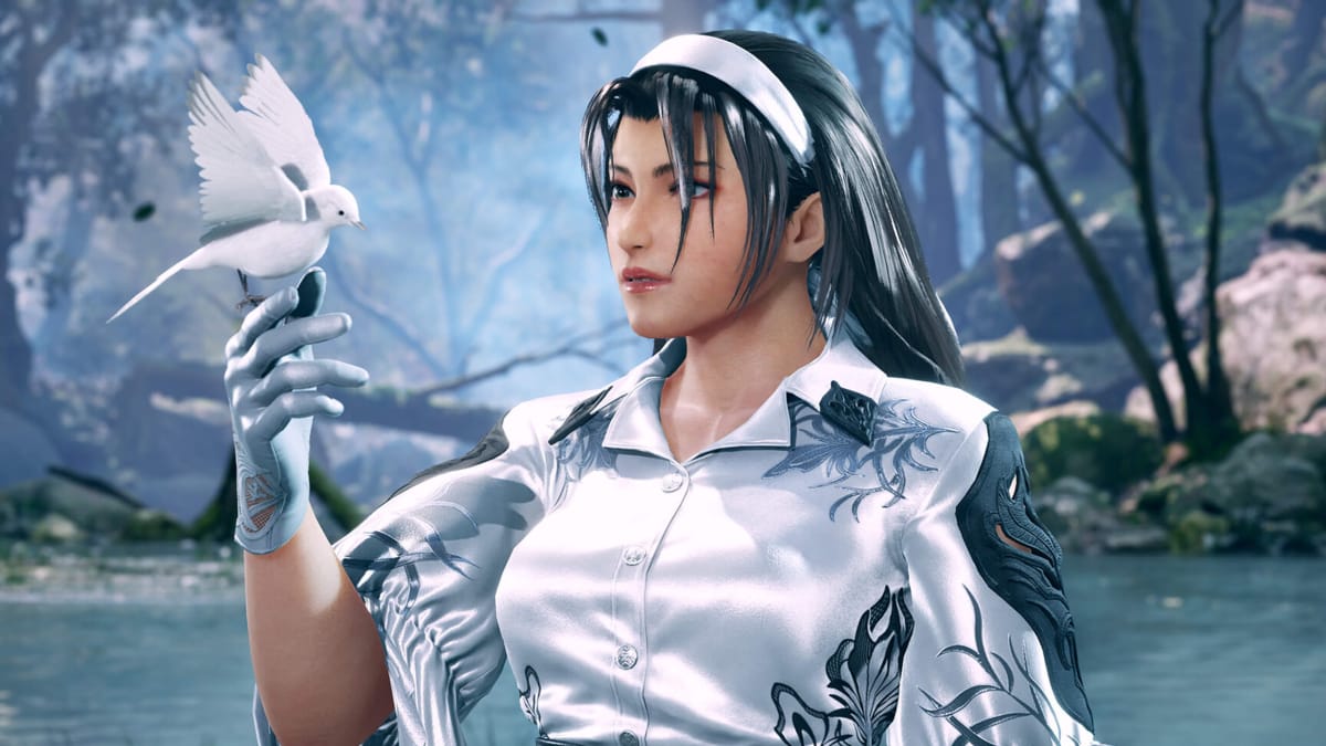 Jun Kazama with a white bird perched on her hand in Tekken 8