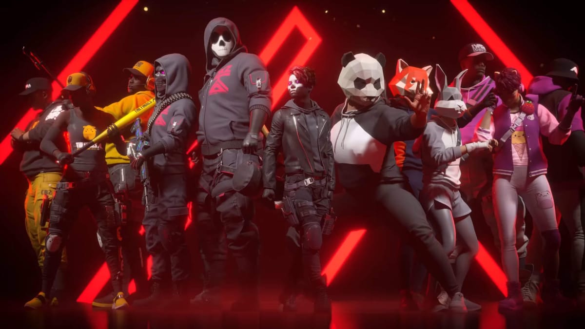 A cast of characters from Embark Studios' The Finals lined up in front of a red and black background