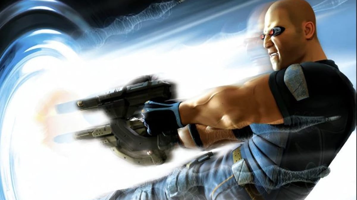 Cortez leaping backwards and shooting through a portal in the Free Radical game TimeSplitters: Future Perfect