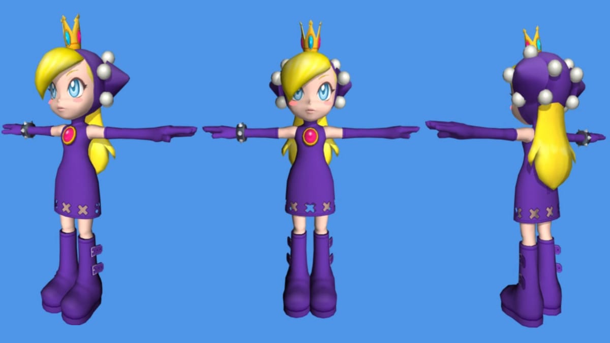 Three 3D renders of the scrapped character Walpeach, originally intended for the GameCube game Mario Power Tennis