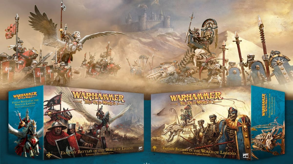Promotional artwork of the Warhammer: The Old World core boxes featuring the Kingdom of Bretonnia and the Tomb Kings of Khemri.