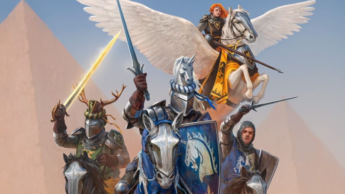 Cover artwork for Lords of the Lance, a Warhammer: The Old World novel, showing a band of armored knights in a desert.