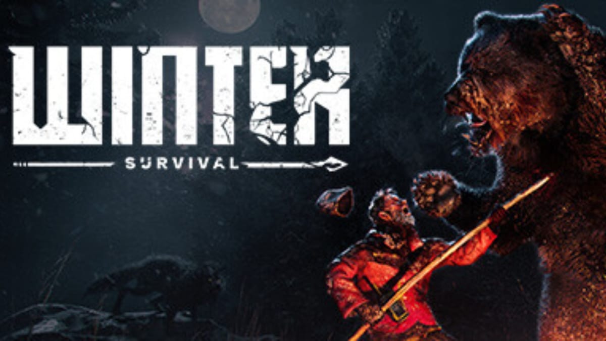 Winter Survival Key Art showing a person in a red coat fighting off a bear using a spear with the title in the negative space to the left
