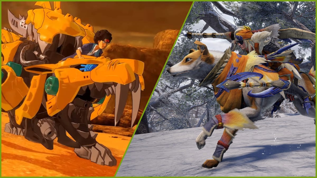 A character riding a mech in Zoids next to a character riding a dog-like animal mount in Monster Hunter Rise