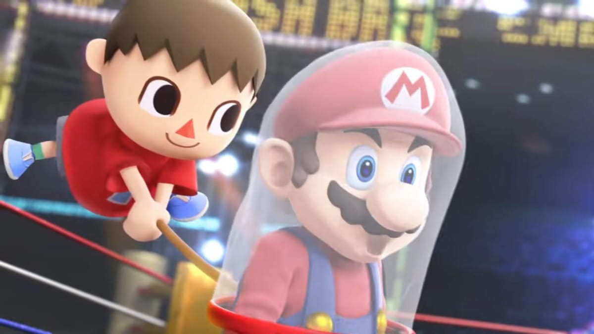 Villager catching Mario in his net in the Nintendo 3DS and Wii U game Super Smash Bros.