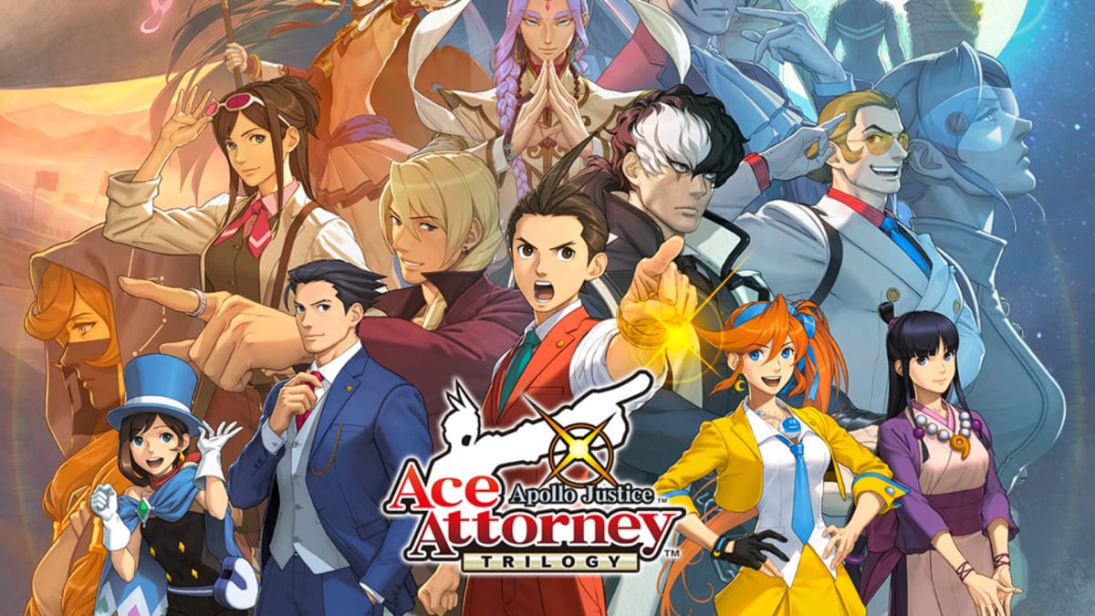Apollo Justice Ace Attorney Trilogy key art showing various wacky anime style characters standing and facing towards the screen