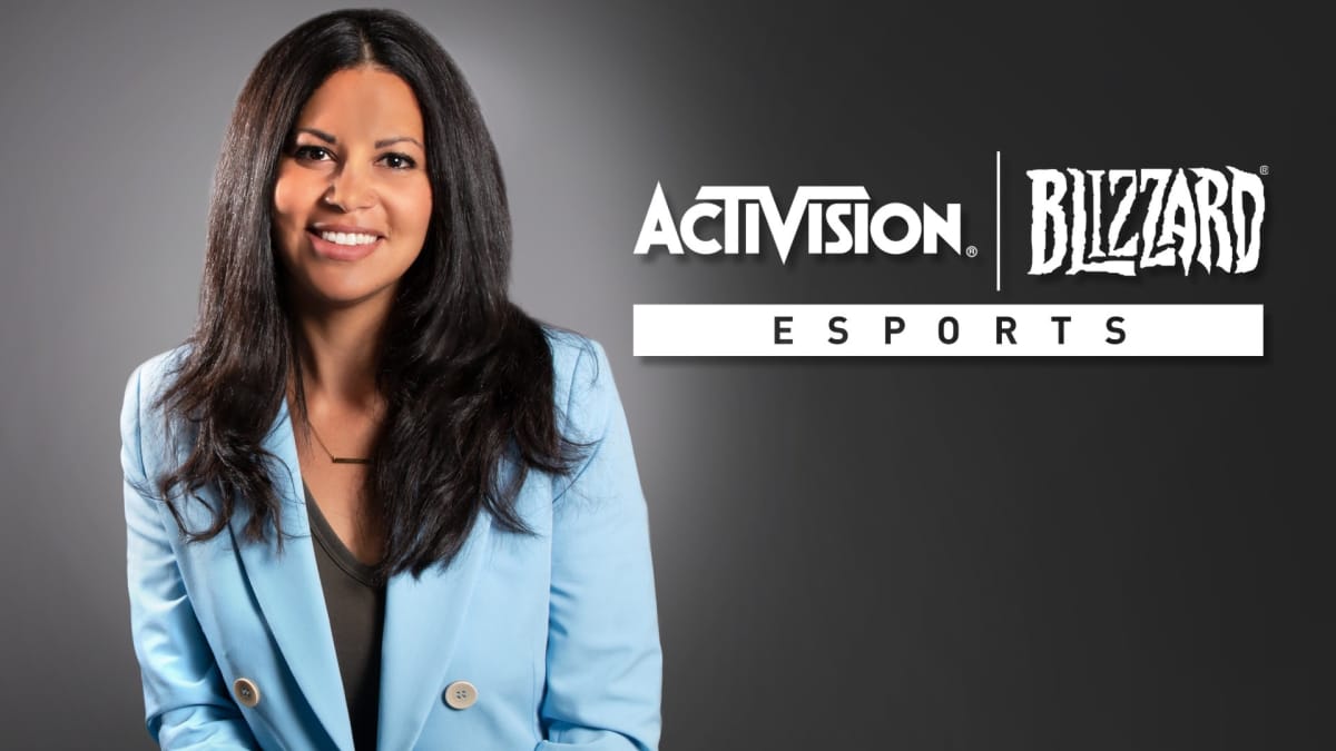 A photo of Johanna Faries standing next to an Activision Call of Duty Esports logo