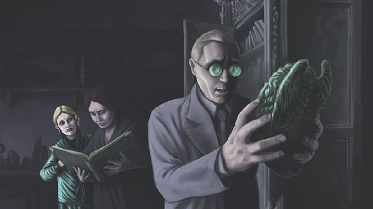 Artwork from Call of Cthulhu Gateways to Terror, showing a group of investigators in a library, one is holding a green glowing statue.