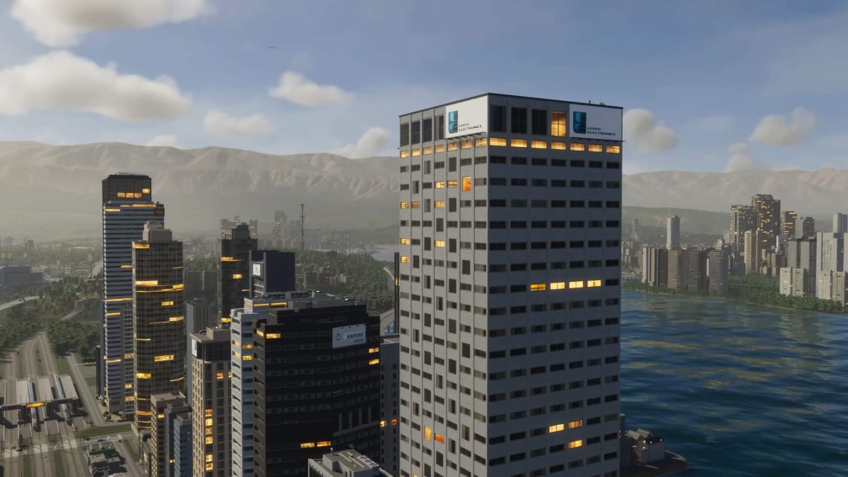 A cityscape framed by skyscrapers, one of which bears a logo for Lehto Electronics, in Cities: Skylines 2