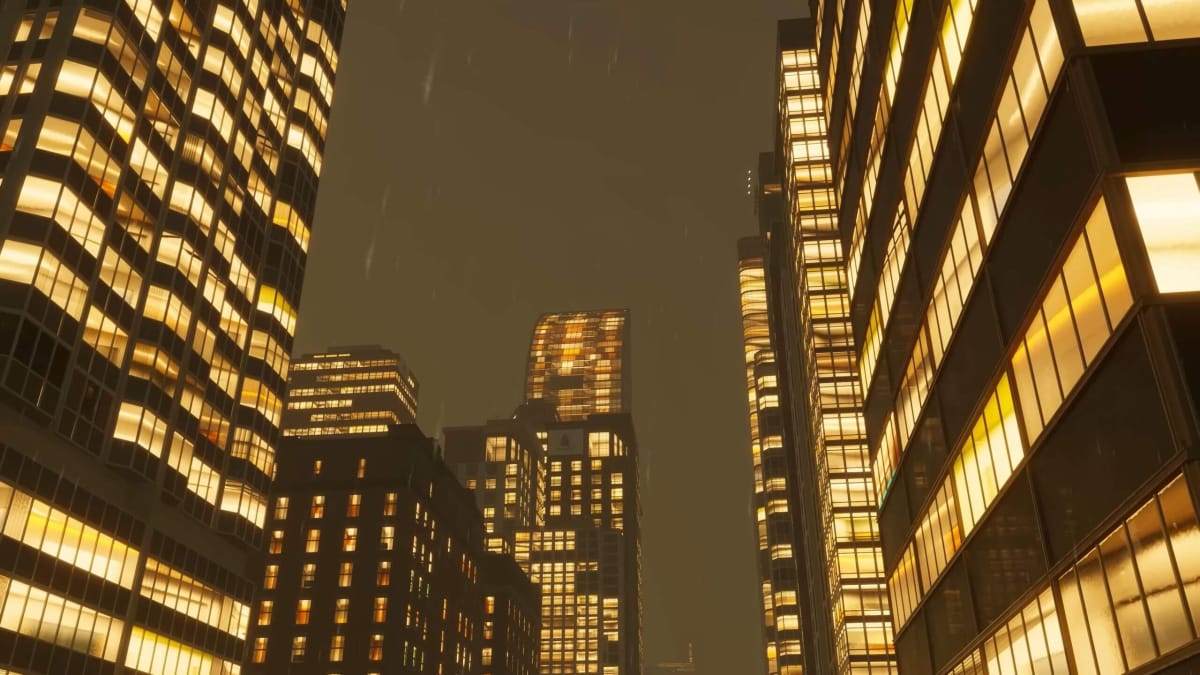 Skyscrapers set against an overcast sky in Cities: Skylines 2