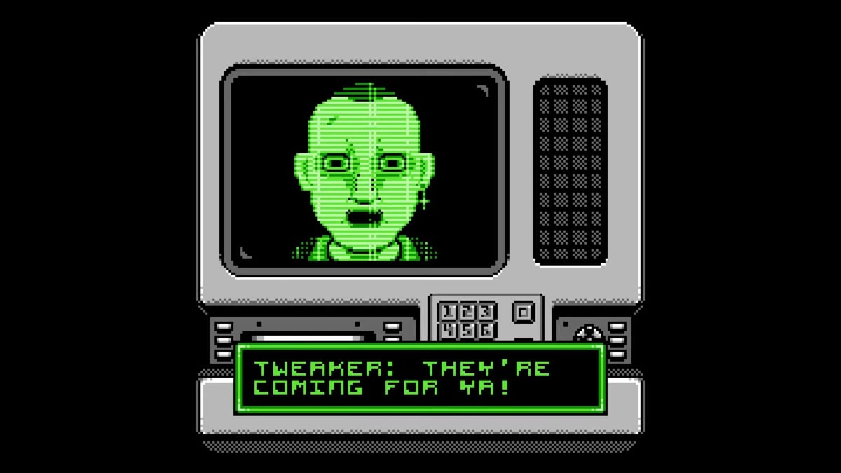 A character on a computer screen saying "they're coming for ya!" in the homebrew NES cyberpunk adventure Courier