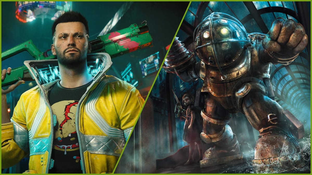 A character from Cyberpunk 2077 and a Big Daddy from BioShock side-by-side
