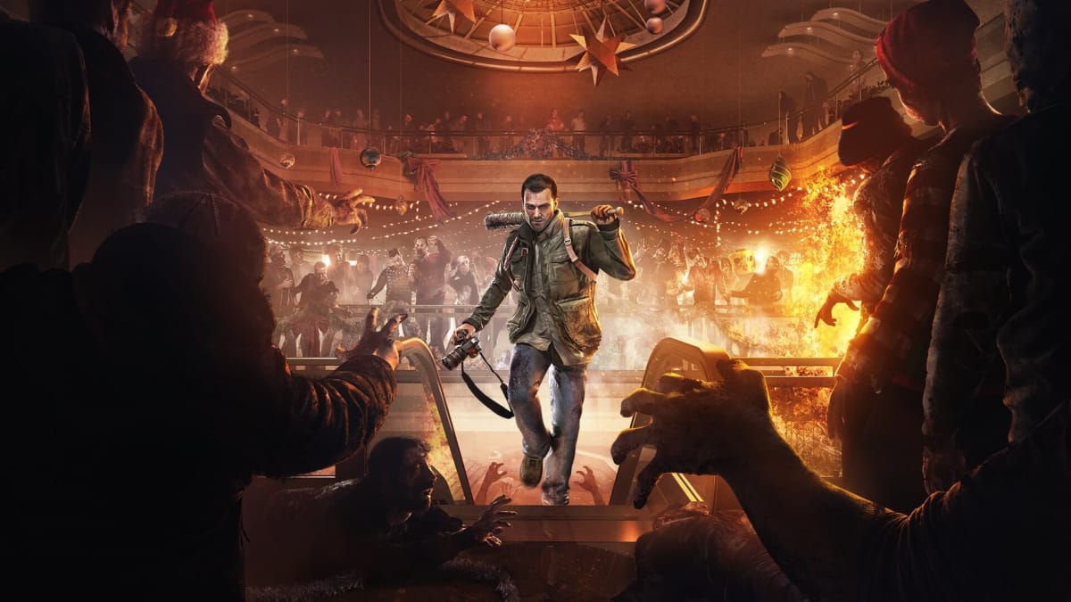 Frank West posing with a baseball bat over his shoulder in key art for Dead Rising 4
