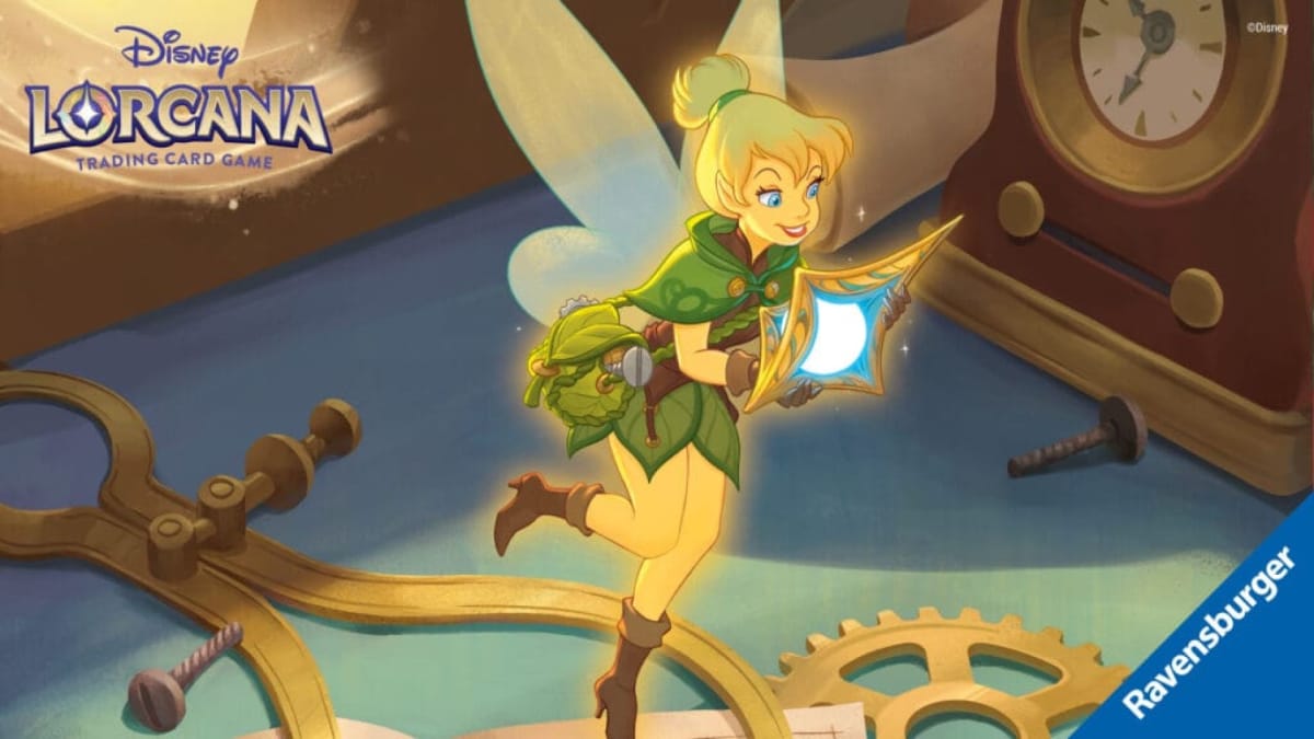 Artwork of Tinkerbell in a suit made out of leaves from the Disney Lorcana 2024 set Into The Inklands