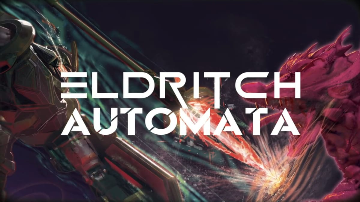 The title for the game Eldritch Automata, a giant robot with a sword fighting a giant grotesque monster that appears to be made out of human limbs.