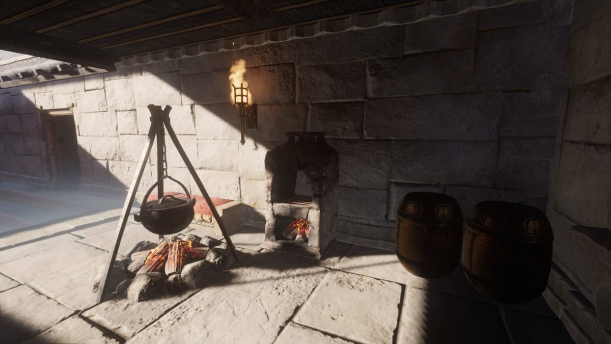 Enshrouded Cooking and Food Guide - Cover Image Fireplace and Over in a Stone Building