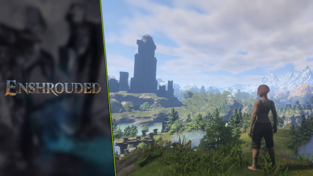 Enshrouded Guide - Cover Image Character Standing Outside of the Cinder Vault with an Ancient Spire and the Shroud in the Distance