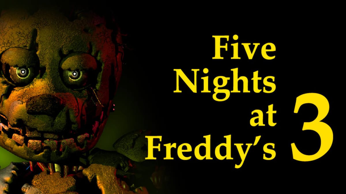 Key art for Five Nights at Freddy's 3, depicting a sinister animatronic and bright yellow text with the game's name