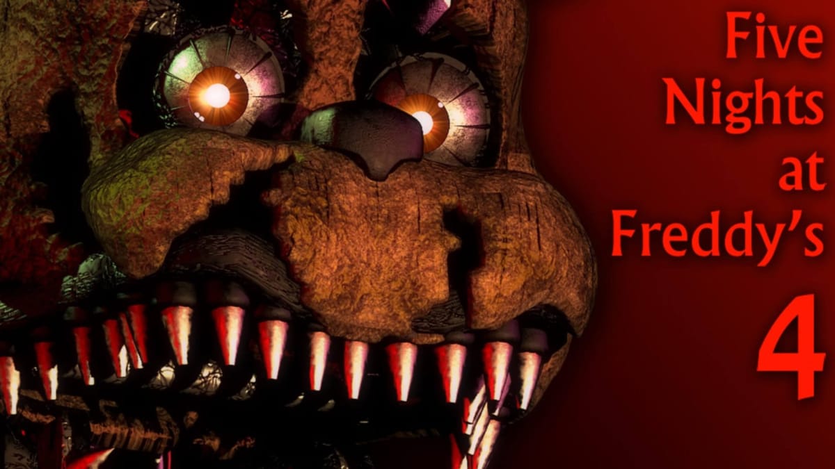 A close-up of Freddy's face with the text Five Nights at Freddy's 4 displayed next to him