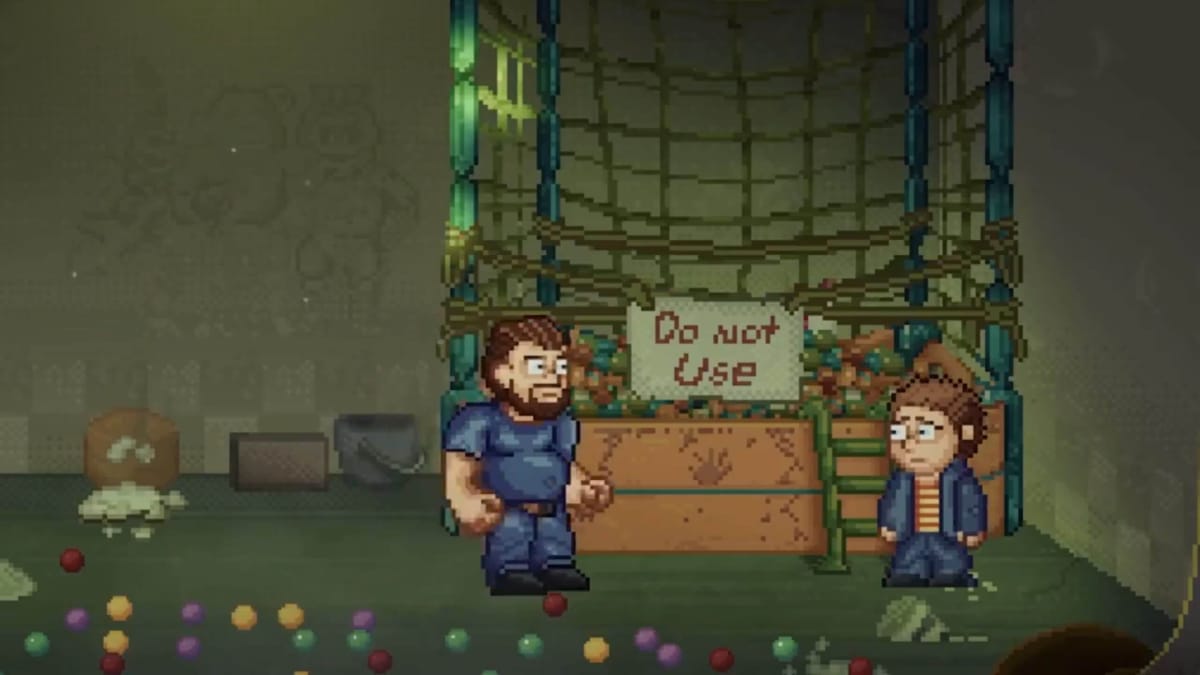 The father and son characters from the pixel art game Five Nights at Freddy's: Into the Pit standing in front of a dumpster