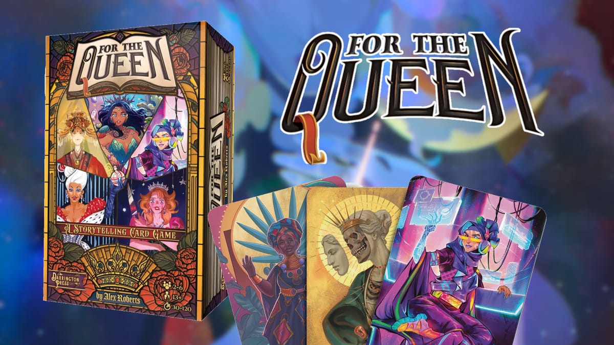 For The Queen box art, logo, and three cards set to a background of card art