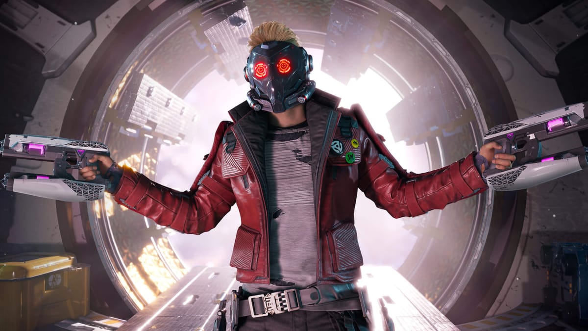 Star-Lord holding his pistols aloft in Marvel's Guardians of the Galaxy, which is today's free Epic Games Store title