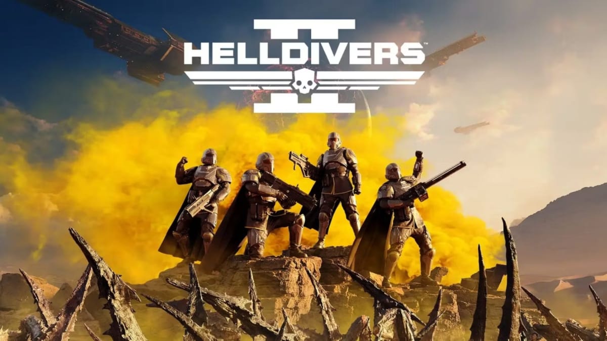 helldivers 2 key art showing four warriors clad in futeristic armor standing around holding weapons on a dusty yellow plateu 