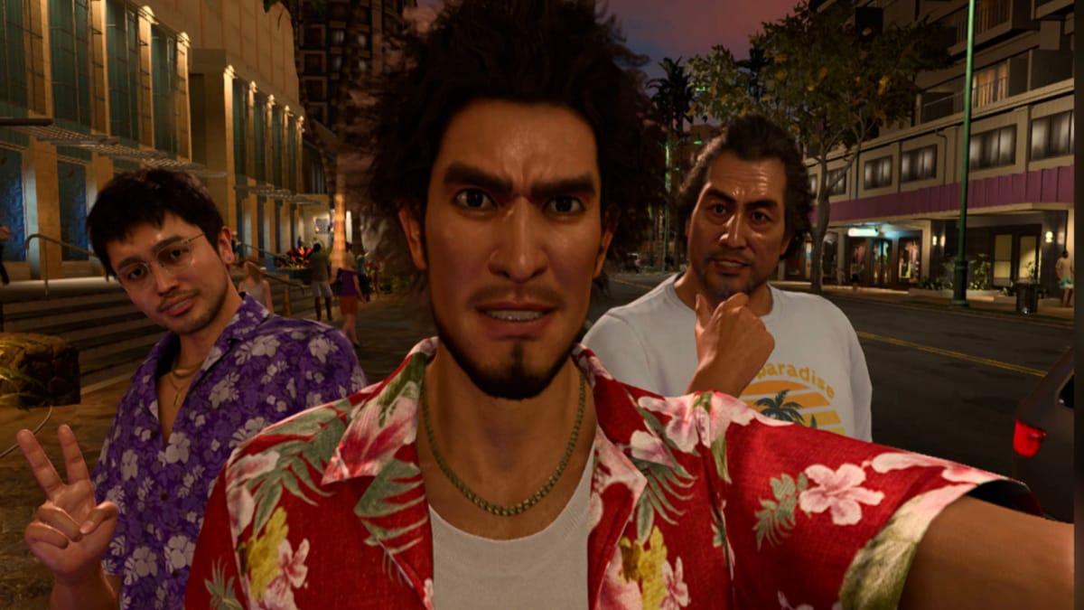 like a dragon infinite wealth screenshot showing three men posing for a selfie with the camera 