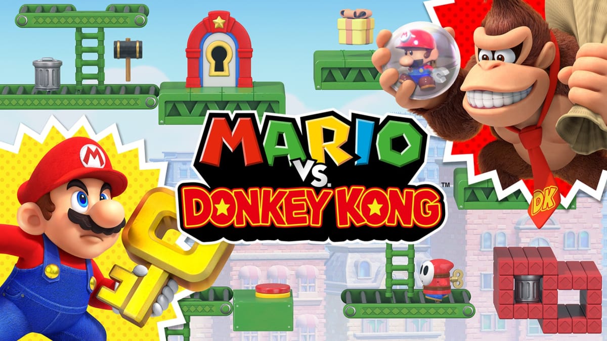 Mario vs Donkey Kong key art featuring a mustachioed man holding  a key facing off against a giant gorilla wearing a tie 