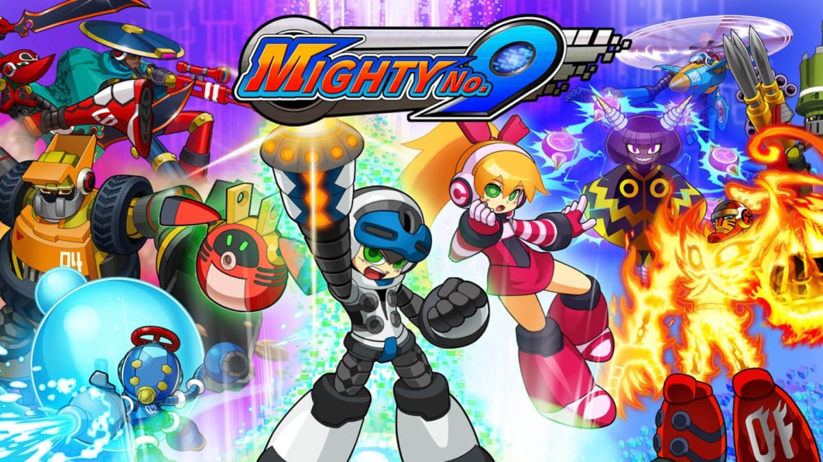 Key art for Mighty No. 9, depicting the game's main character and several enemies