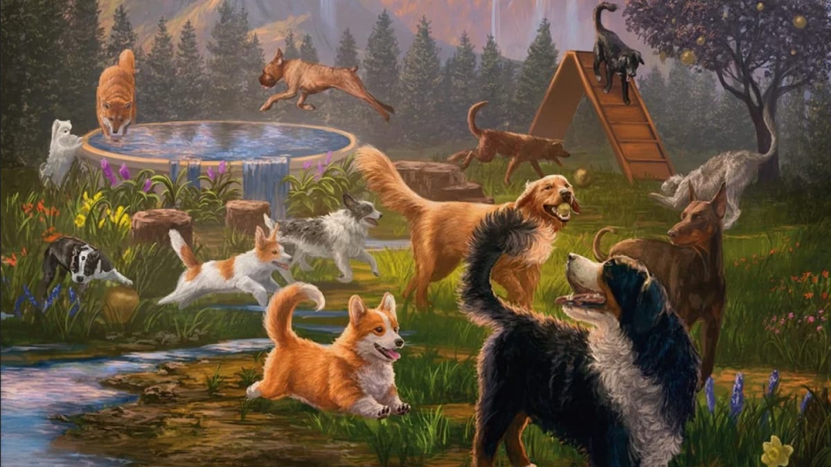 Artwork of a bunch of dogs playing in a park as seen in the MTG Cats and Dogs deck.