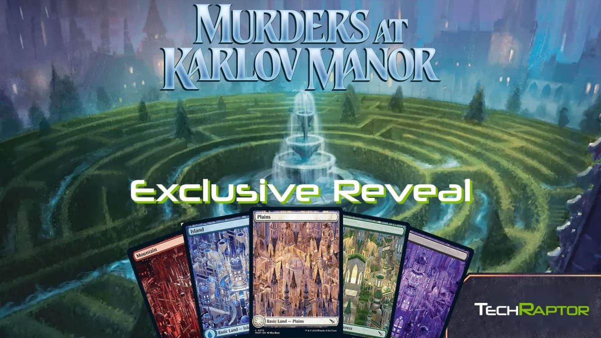 Murders at Karlov Manor over the hedge maze at the Karlov Manor, with the words Exclusive Reveal in the middle, and five of the full art impossible basic lands teasing the reveals to come in the article.