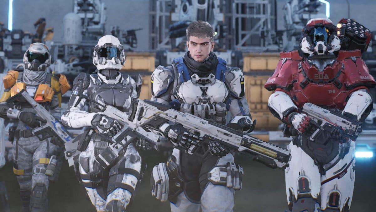 Four characters wearing futuristic armor and wielding guns in the FPS base-building hybrid Outpost: Infinity Siege