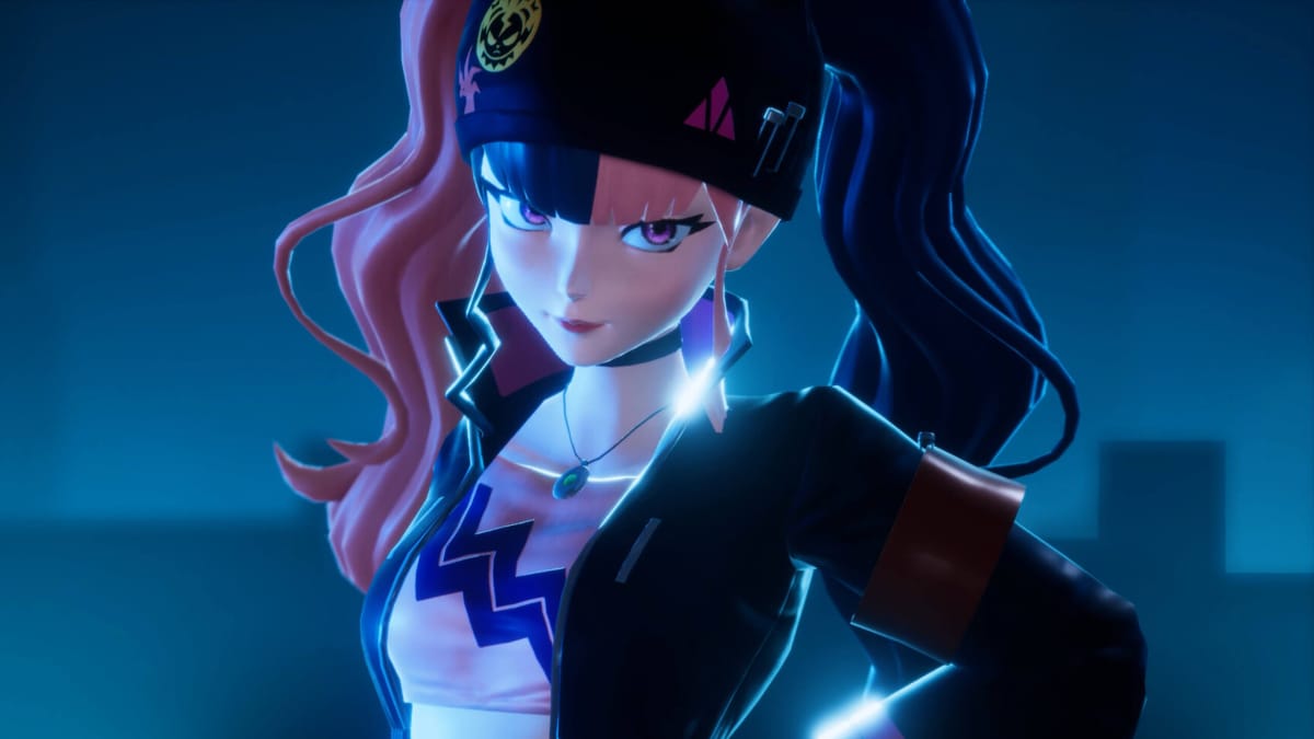 A close-up of Zoe, a female character with pink and black hair, in Palworld