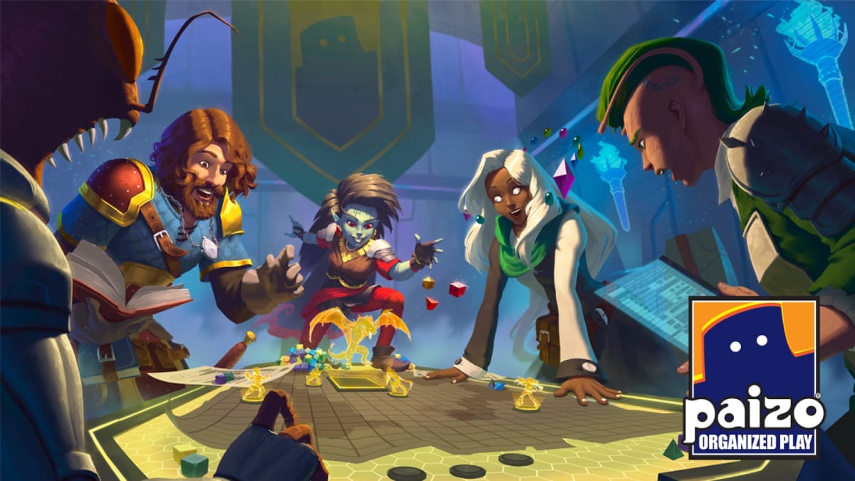 Promotional image from Pathfinder Organized Play, showing a group of younger adventurers around a table rolling dice and cheering.